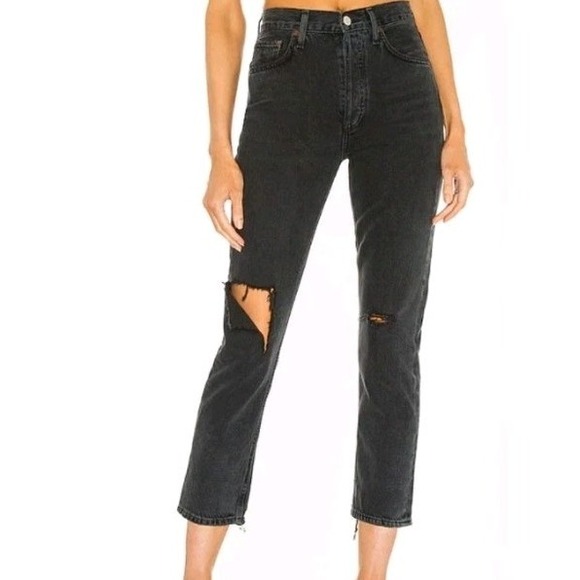 Agolde Denim - AGOLDE Riley High Rise‎ Straight Crop Jeans Tag Size 26  Black Distressed